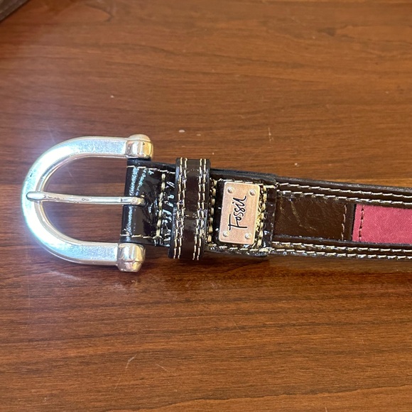 🌟2xHP🌟VTG 2000s Fossil Multicolor Patchwork Leather & Suede Silver Buckle Belt S - Picture 2 of 12